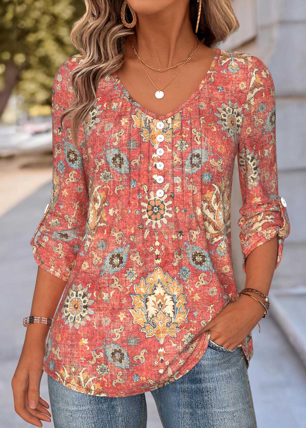 Coral Tummy Coverage Tribal Print Long Sleeve Blouse