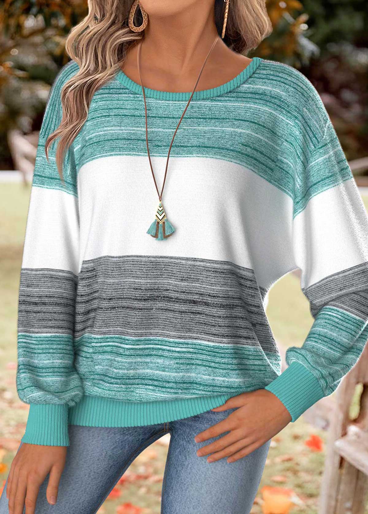 Mint Green Tummy Coverage Striped Long Sleeve T Shirt