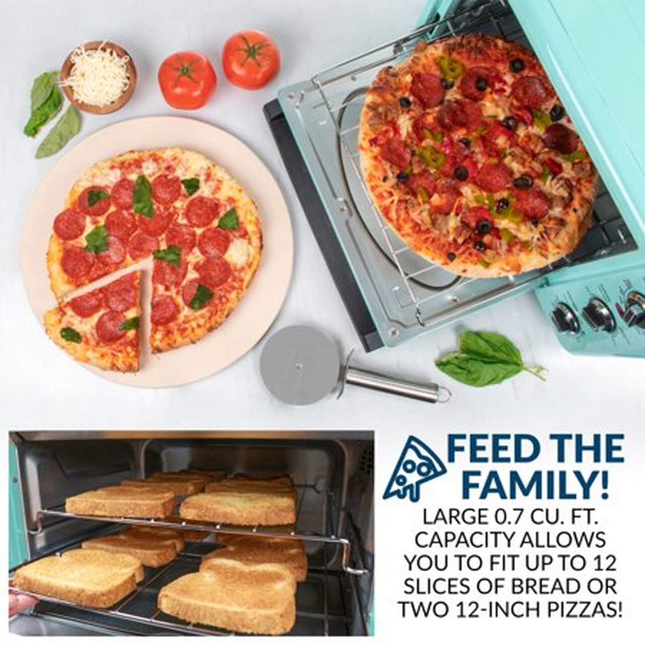 Nostalgia RTOV2AQ Large-Capacity 0.7-Cu. Ft. Capacity Multi-Functioning Retro Convection Toaster Oven, Aqua