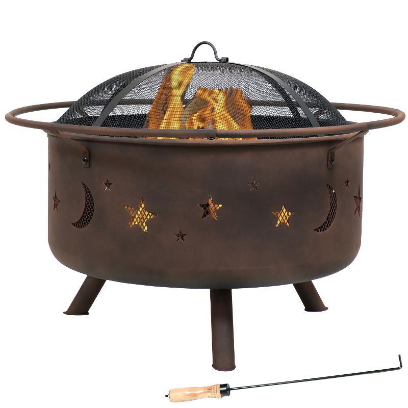 Sunnydaze Outdoor Camping or Backyard Round Cosmic Stars and Moons Fire Pit with Cooking Grill Grate, Spark Screen, and Log Poker – 30″