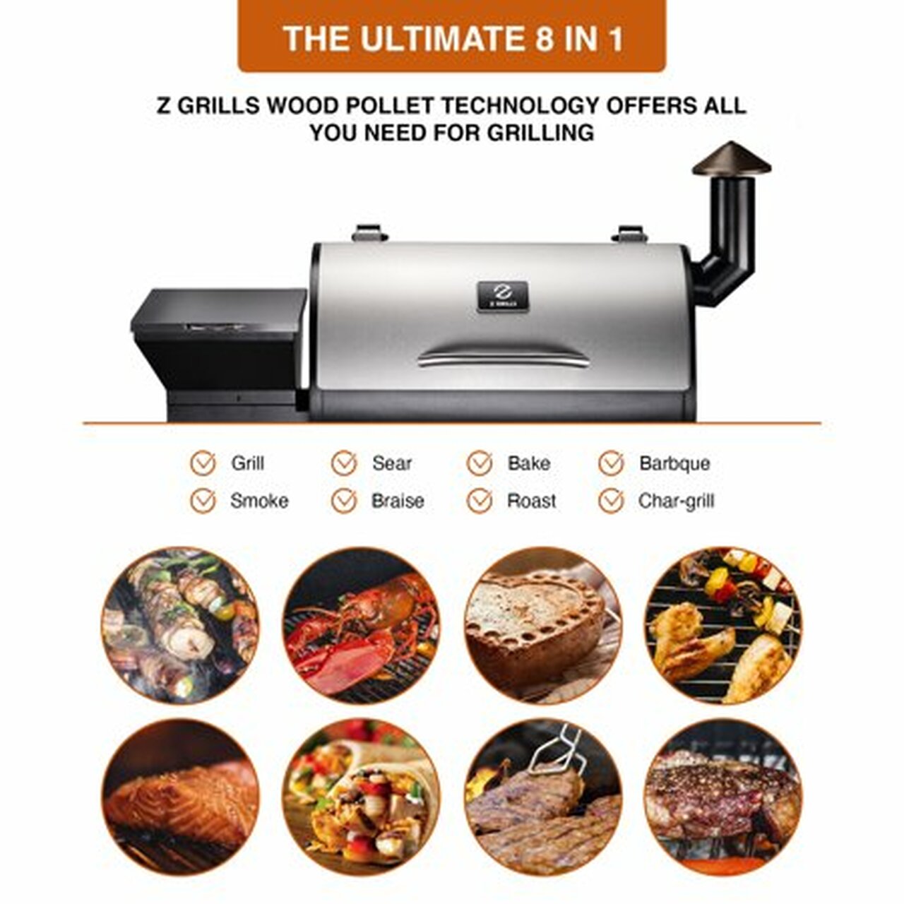 Z GRILLS ZPG-7002E 694 sq. in. Wood Pellet Grill and Smoker 8-in-1 BBQ Stainless Steel