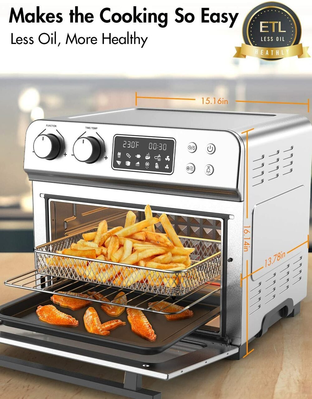 Moosoo 10-in-1 Air Fryer Oven 24.3QT Capacity Toaster Oven Stainless Steel with Air Fryer Cookbook