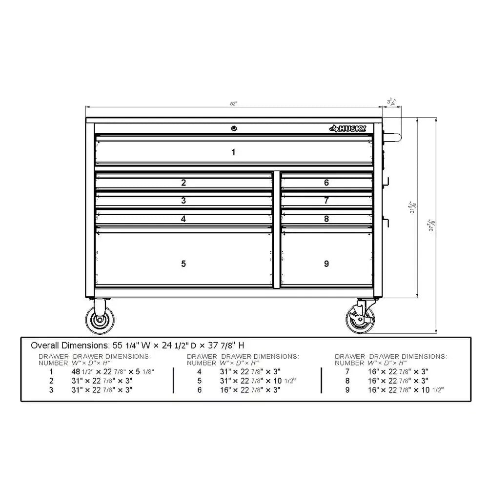 52 in. W 9-Drawer Deep Tool Chest Mobile Workbench in Gloss Red