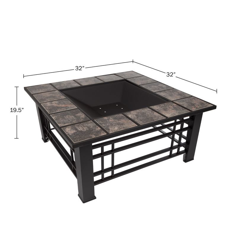 Nature Spring 32″ Square Metal Patio Fire Pit Table with Accessories – Marble Tile, Black