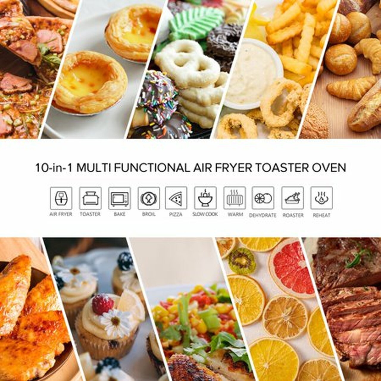 Convection Toaster Oven 10-in-1 Air Fryer 6 Slice, 1750W, 26.5 QT Capacity, Stainless Steel