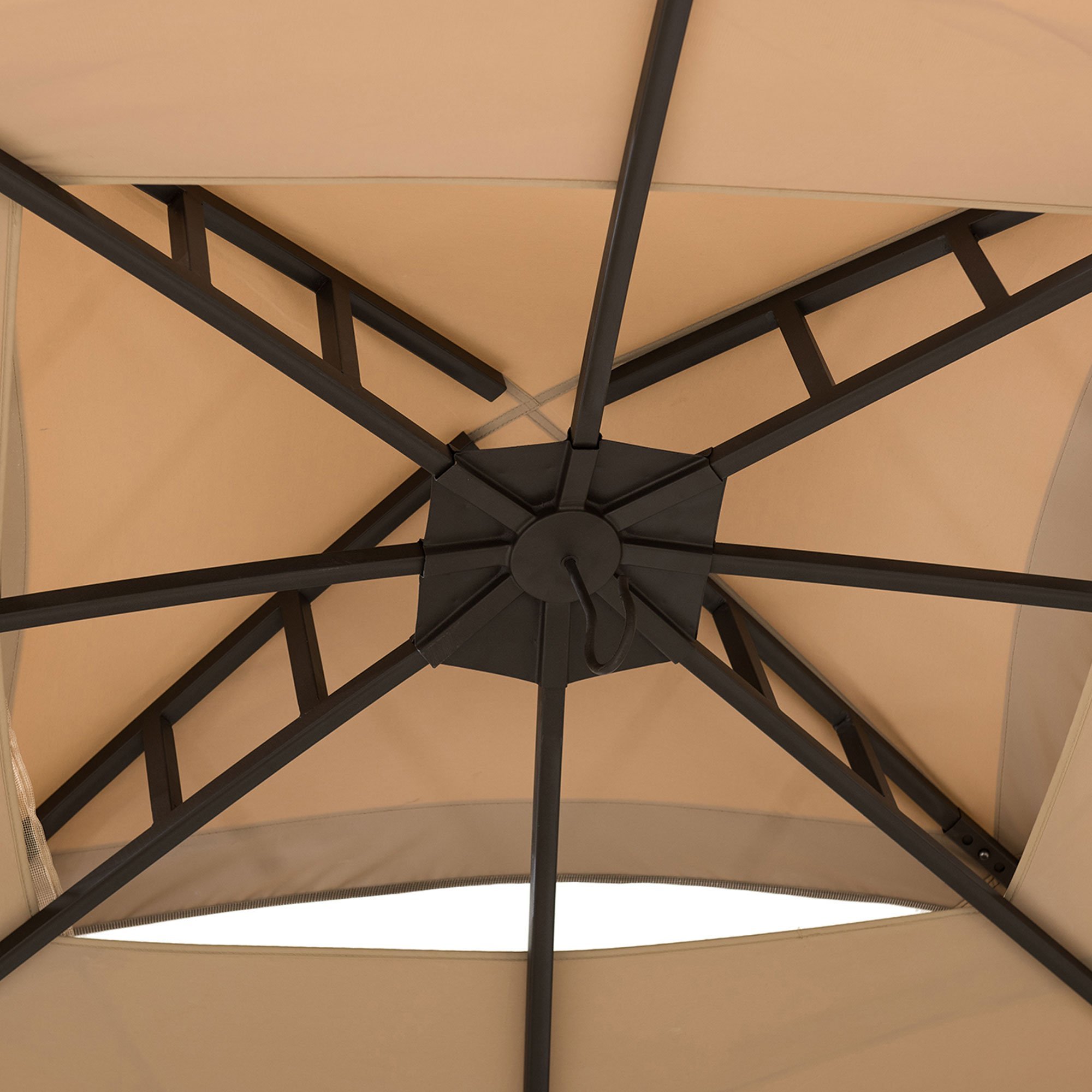 Sunjoy 11 ft. x 13 ft. Tan and Brown Gazebo with LED Lighting and Bluetooth Sound and Curtains