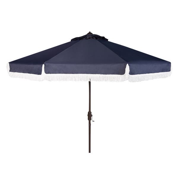 SAFAVIEH Milan Fringe 9 Ft Crank Navy/ White Outdoor Umbrella