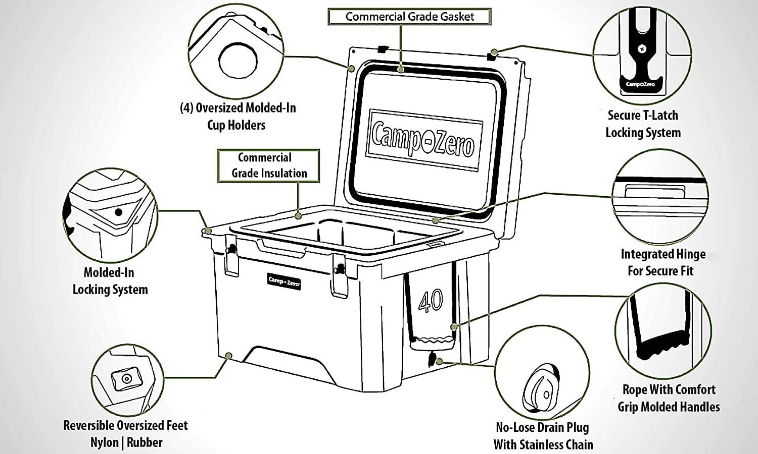 CAMP-ZERO 40 | 42.26 Quart Premium Cooler with 4 Molded-in Cup Holders