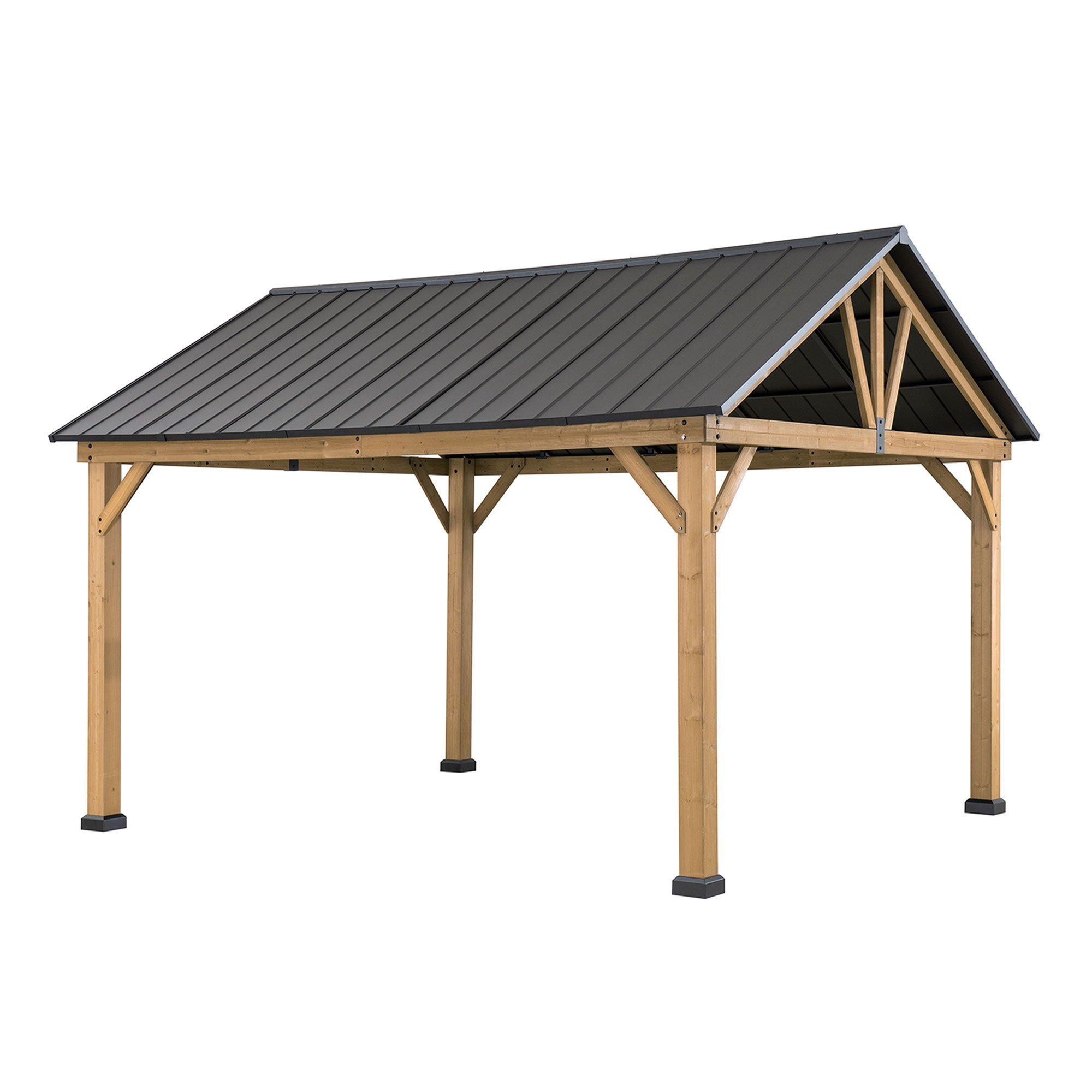 Sunjoy Matte-Black 11 ft. x 13 ft. Cedar Framed Gazebo with Hook and Steel Roof