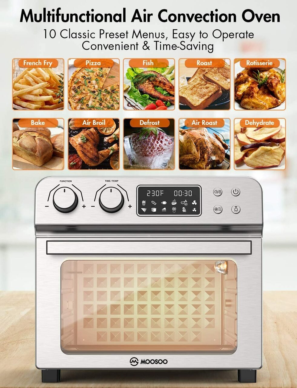 Moosoo 10-in-1 Air Fryer Oven 24.3QT Capacity Toaster Oven Stainless Steel with Air Fryer Cookbook
