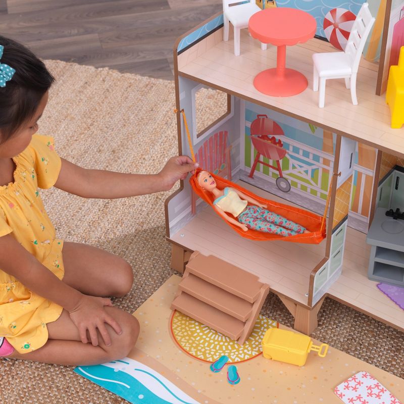 Kidkraft Ferris Wheel Fun Beach House Wooden 360-Play Dollhouse with 19 Accessories