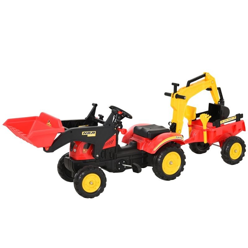 Aosom 3 in1 Kids Ride On Bulldozer/Excavator Toy with 6 Wheels Controllable Cargo Trailer & Easy Pedal Controls