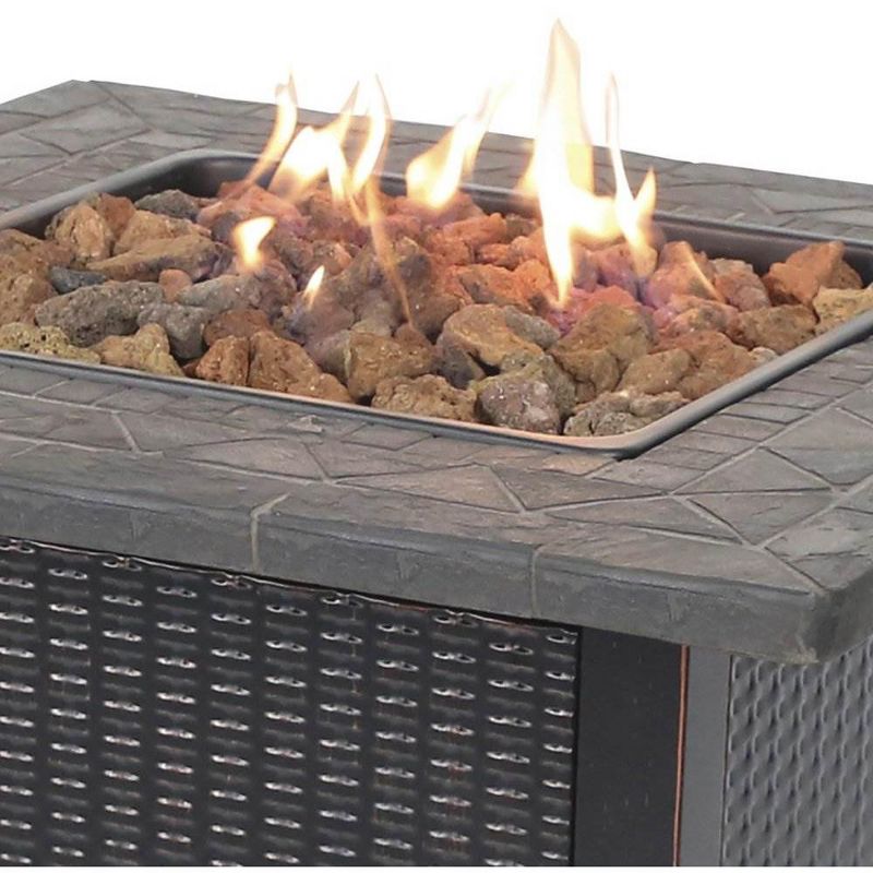 Endless Summer 30 Inch Square 30,000 BTU LP Gas Outdoor Fire Pit Table with Mosaic Resin Mantel, Steel Wicker Design Base, and Lava Rock, Black