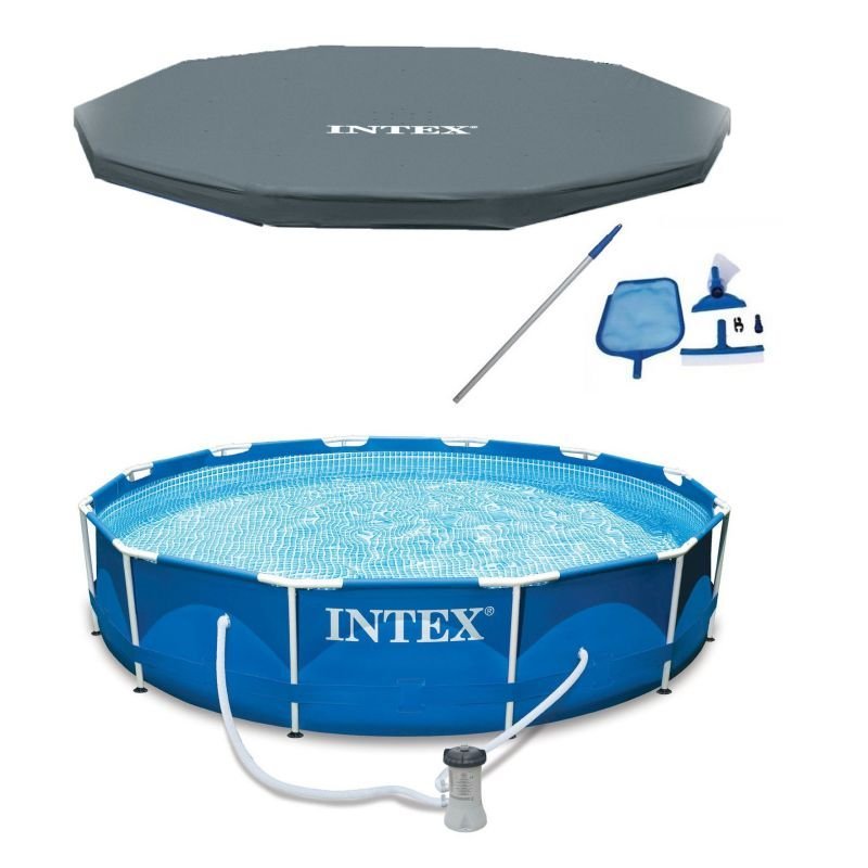 Swimming Pool-Intex 12' x 30″ Metal Frame Above Ground Pool, Filter, Cover, & Maintenance Kit