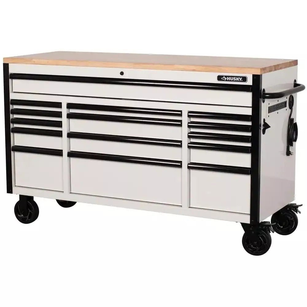Husky 61 in. W x 23 in. D Heavy-Duty 15-Drawer Mobile Workbench with Solid Wood Top in White