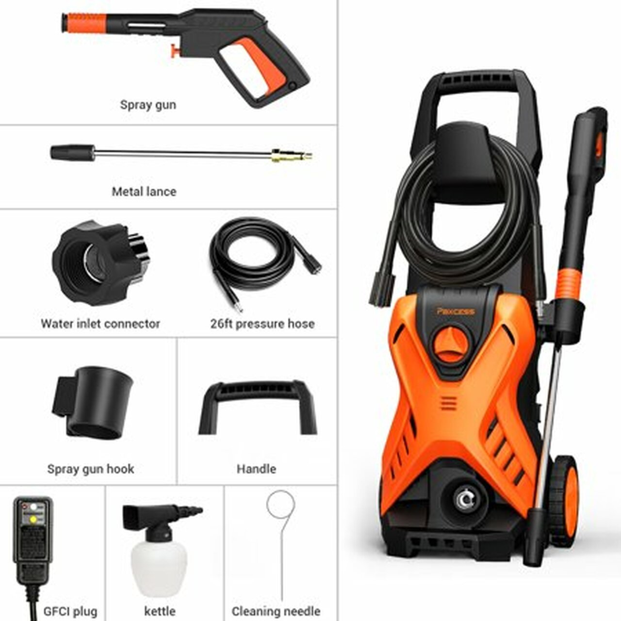 2500PSI Electric Pressure Washer 1.76GPM 1500W Electric Pressure Washer with 26Ft Hose 35Ft Cord GFCI Protection