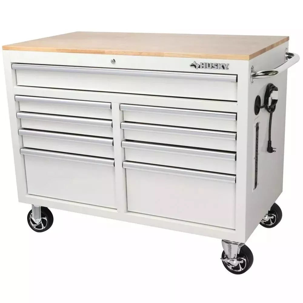 46 in. W x 24 in. D 9-Drawer Gloss White Deep Tool Chest Mobile Workbench