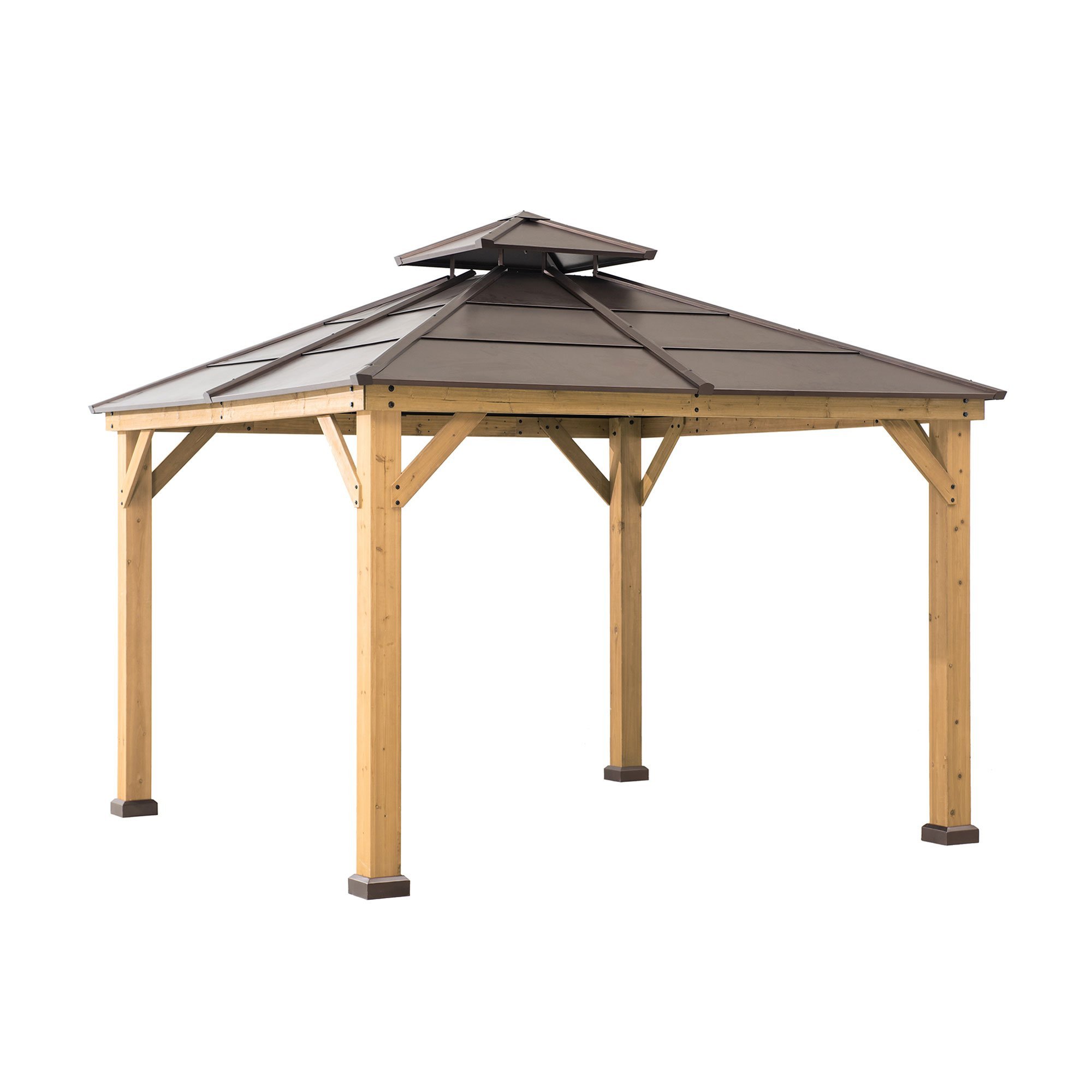 Sunjoy Brown 10 ft. x 10 ft. Cedar Framed Gazebo with Steel 2-Tier Hip Roof Hardtop