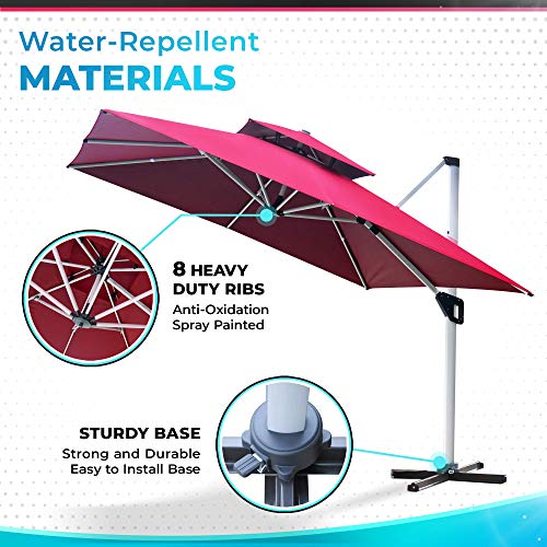 Project One 10ft Patio Umbrella Square Outdoor Umbrella Large Cantilever Umbrella Windproof Offset Umbrella Heavy Duty Sun Umbrella for Garden Deck Pool Patio (Red)