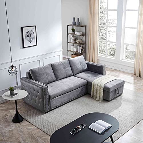 Tulib Reversible Sectional Sleeper Sofa with Storage Chaise, L-Shape Corner Couch with Pulled Out Bed, Nailheaded Design, for Living Room, 91 Lead Grey