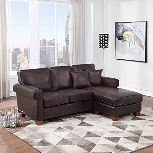 OSP Home Furnishings Rylee Reversible Rolled Arm Sectional Sofa with 2 Pillows and Coffee Finished Legs, Cocoa Faux Leather