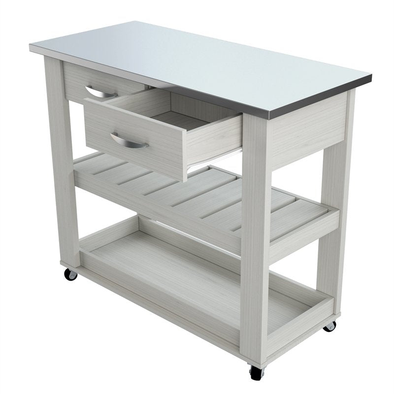 Engineered Wood Kitchen Island Cart with Stainless Steel Top in Washed Oak