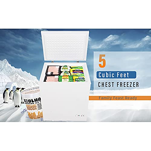 5 cu.ft Chest Freezer Removable Storage Basket, Top Open Door Freezing Machine for Home and Kitchen/Dorm/Bar/Office, Basement, Garage, Timeshare, or Business, Cabin, House, 7 Temperature Settings