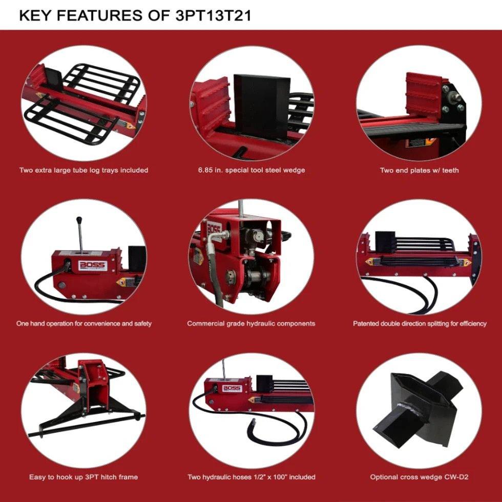 Boss Industrial 3PT13T21 Log Splitter 3-8 GPM 13 Ton 2000-3700 PSI New