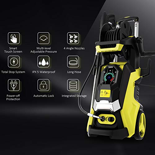 TEANDE Smart Pressure Washer 3800 PSI Electric High Powerful Touch Screen 3 Gear Level with Telescopic Handle, Hose Reel (Yellow)