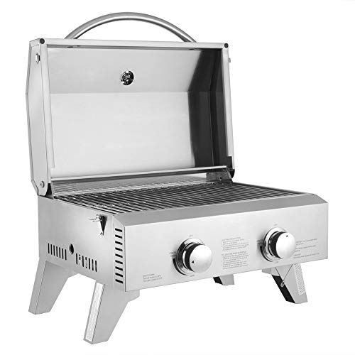 Tabletop Stainless Steel 2-burner Gas Grill Portable 20000 BTU BBQ Grid with Foldable Legs for Outdoor Camping Picnic