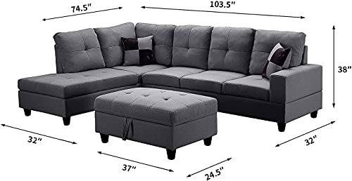 GAOPAN 104 inch Modern Polyester Blend Sectional Sofa Couch with Storage Ottoman & Left Chaise Lounge, L-Shaped 5 Seater W/ 2 Pillows Tufted Cushion Classic Sofá for Living Room Furniture Set,Gray