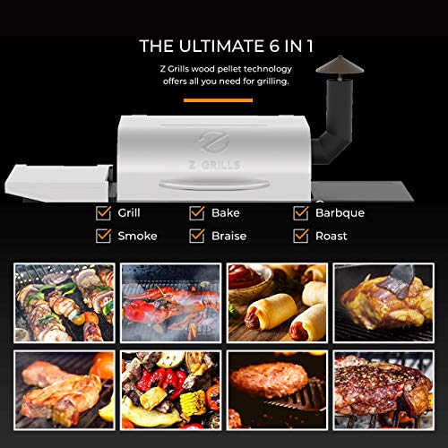 Z GRILLS ZPG-6002E 2021 New Model Wood Pellet Grill & Smoker, 8 in 1 BBQ Grill Auto Temperature Control, Stainless & Silver