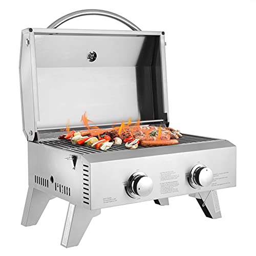 COXEM Gas Grill; Tabletop Stainless Steel BBQ Grid Barbecue Cookers with 2 Burners&Foldable Legs;Used for Oven and Grill/BBQ;2000 BTU;Silver