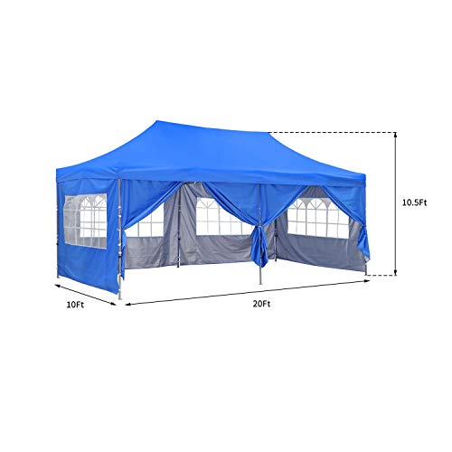 10ft x20ft Pop Up Canopy Tent， OVASTLKUY Outdoor Party Gazebo Pavilion with Sided Cloth (Blue with 6 Sided Cloth)