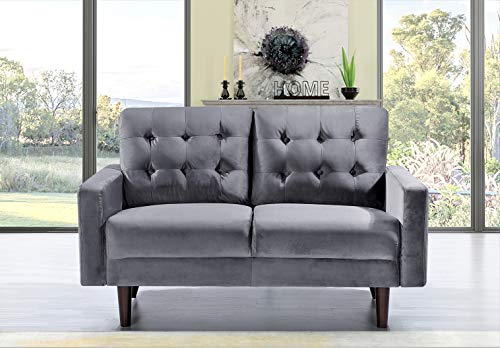 Container Furniture Direct Celestina Mid Century Modern Velvet Upholstered Living Room Sofa Set, 2 Piece, Grey
