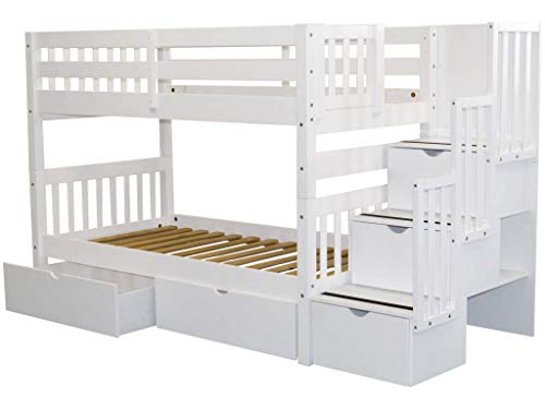 Bedz King Stairway Bunk Beds Twin over Twin with 3 Drawers in the Steps and 2 Under Bed Drawers - White
