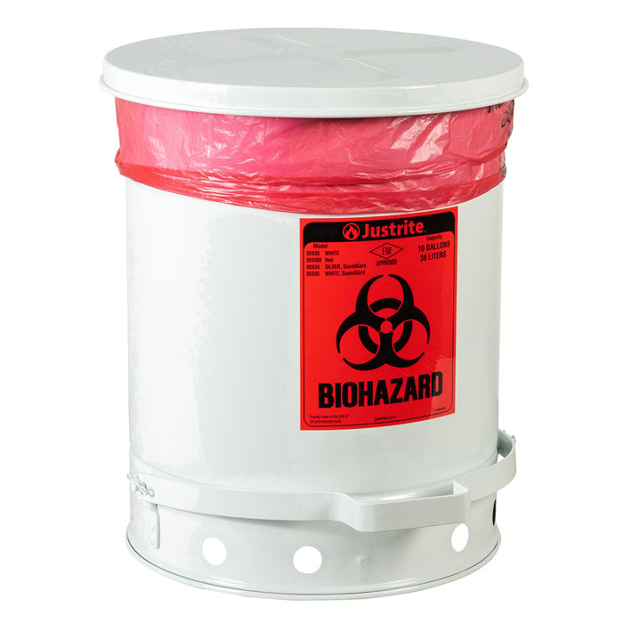 Justrite Biohazard Waste Can, 10 Gallon, Foot-Operated Self-Closing Cover, White