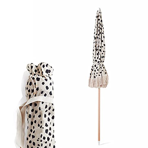 HUWENJUN123 6ft Beach Umbrella with Fringe Outdoor Tassel Umbrella UPF50+ Wood Color Steel Pole and Steel Ribs Push Button Tilt