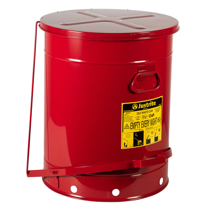 Justrite Oily Waste Can, 21 Gallon, Foot-Operated Self-Closing SoundGard™ Cover, Red