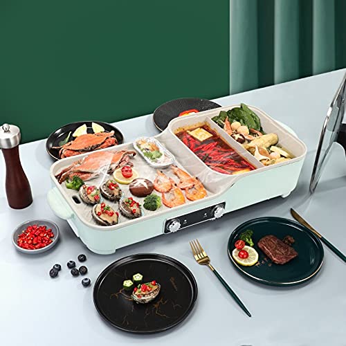 Charcoal Grill 2 In 1 Portable Electric Hot Pot Grill Multifunctional Indoor Teppanyaki Grill Non-Stick Pan 1600W Dual Temperature Control System for Korean BBQ Grill Steaks Family Gathering Party Cam