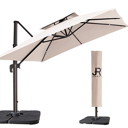 JEAREY 10FT Patio Umbrella Double Top Deluxe Square Hanging Patio Umbrella Offset Cantilever Outdoor Umbrella Heavy Duty Sun Umbrella for Market Garden Deck Backyard Pool Patio, Beige