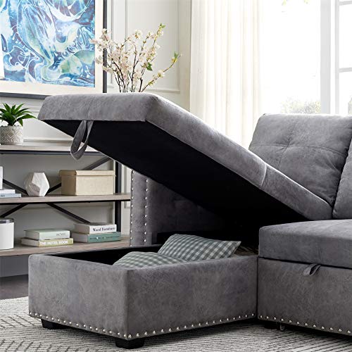 Reversible Sleeper Sofa,Sectional Sleeper Sofa with Pull Out Bed, Corner Sofa Bed with Storage, 3-seat Sectional Sofa with Nail-Head for Living Room & Apartment,91