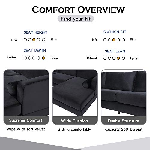 Harper&Bright Designs Sectional Sofa Set, Living Room Furniture Sofa Set, Modern Elegant Velvet Upholstered Couch with 2 Pillows (Black)
