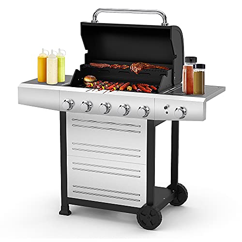 RINKMO Gas Grill with Side Burner, 670 Sq Inch 5 Burner Barbecue, 65000BTU, Stainless Steel Tabletop, Perfect Support Outdoor Garden Camping BBQ Cooking