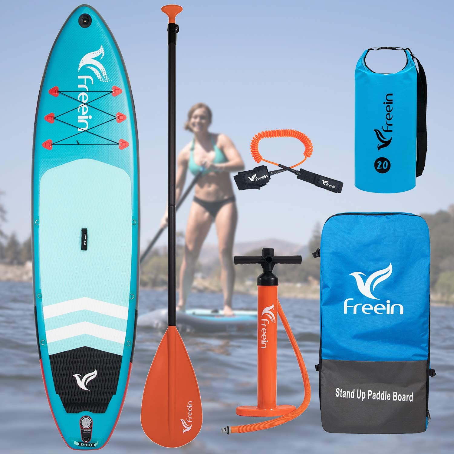 Freein 11' Explorer Inflatable SUP Stand Up Paddle Board Package Dual Action Pump Camera Mount Light Blue New