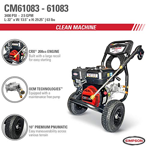 Simpson Cleaning CM61083 3400 PSI at 2.5 GPM Clean Machine Cold Water Residential Gas Pressure Washer, Natural