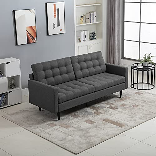 HOMCOM Linen Fabric Convertible Sofa Bed with Button Tufted Back Design, Adjustable Angles and Wood Legs, Grey