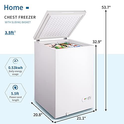 Chest Freezer, 3.5 Cubic Feet Deep Freezer with Removable Basket, 7 Temperature Settings Low Noise Energy Saving Compact Freezer for Kitchen/Dorm/Bar/Office