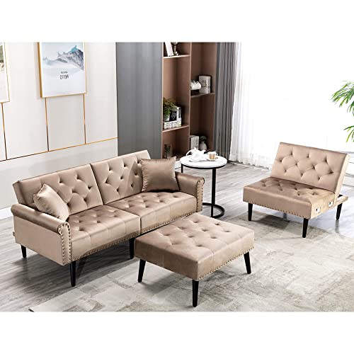 Ivinta Convertible Velvet Sofa Couch, Sectional Sofa with Ottoman, Mid-Century Upholstered Comfy Futon Sofa Bed, Sleeper Sofa 4-Seater Loveseat for Apartment, Living Room (Brown)