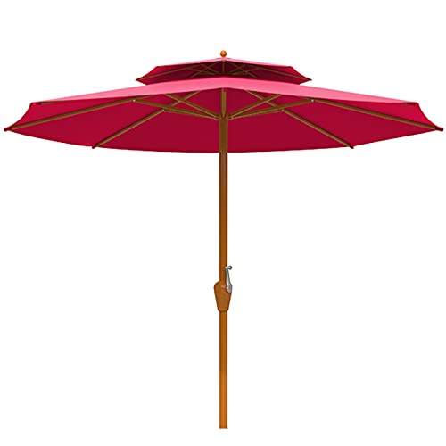 HWF Outdoor Patio Market Table Umbrella, 2.7m/9ft Large Waterproof Garden Parasols Sunbrella, 8 Ribs & Wooden Texture Iron Poles, UV 50+ Protection (Color : Red)